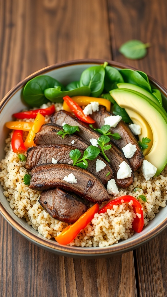 Steak and Quinoa Bowl Recipe A steak and quinoa bowl with sliced steak, quinoa, bell peppers, spinach, and avocado, garnished with feta cheese, on a rustic wooden table.